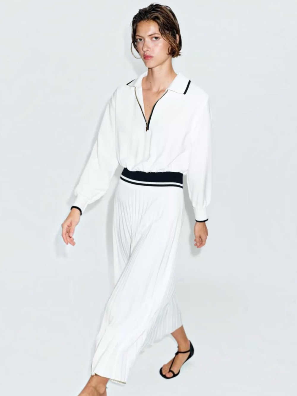 🌻NEW w/tags Zara White Pleated Black Contrast Midi Dress Size M